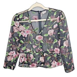 ASOS Peplum Top Black 6 Floral Embroidered Sheer Mesh Coquette V Neck